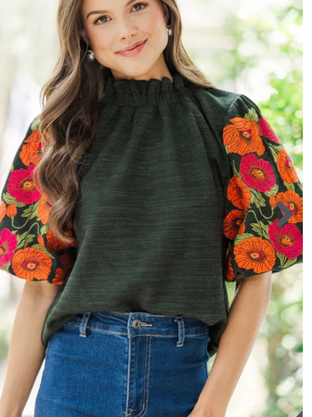 THML Nice Days Ahead Dark Green Blouse with Floral Puff Sleeves Size XS